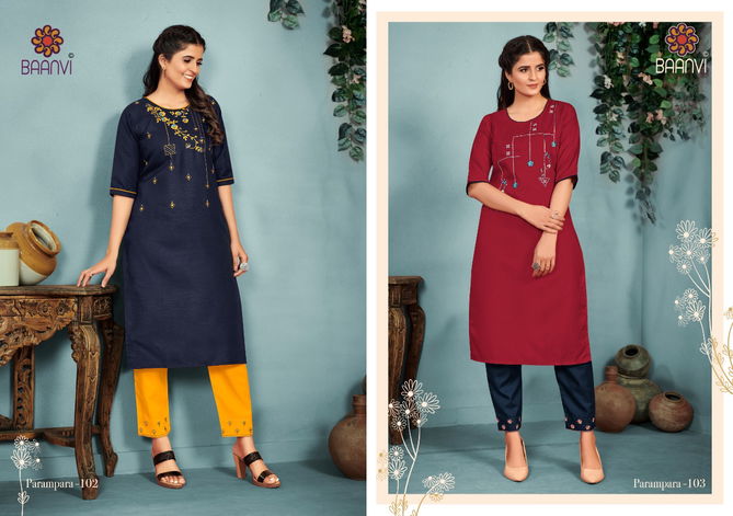 Baanvi Parampara 1 New Exclusive Wear Designer Cotton Embroidery Kurti With Pant Collection